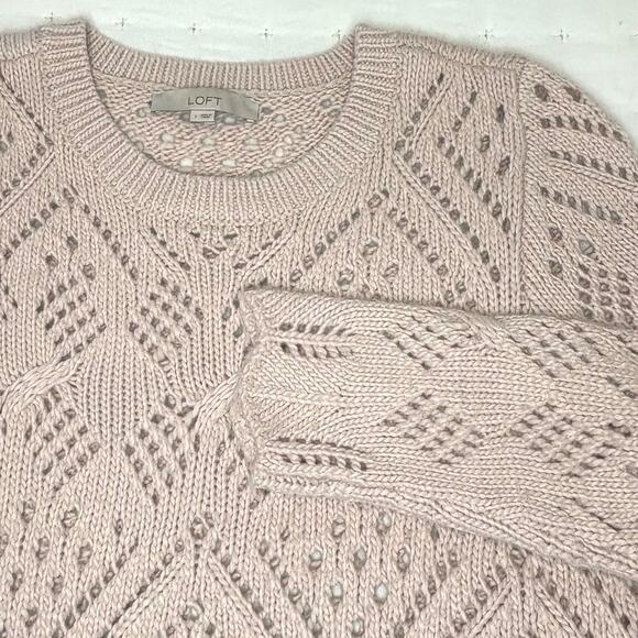 LOFT Women’s M Pink Wool Blend Pointelle Pullover Sweater | Cottage Core Casual - Picture 3 of 11